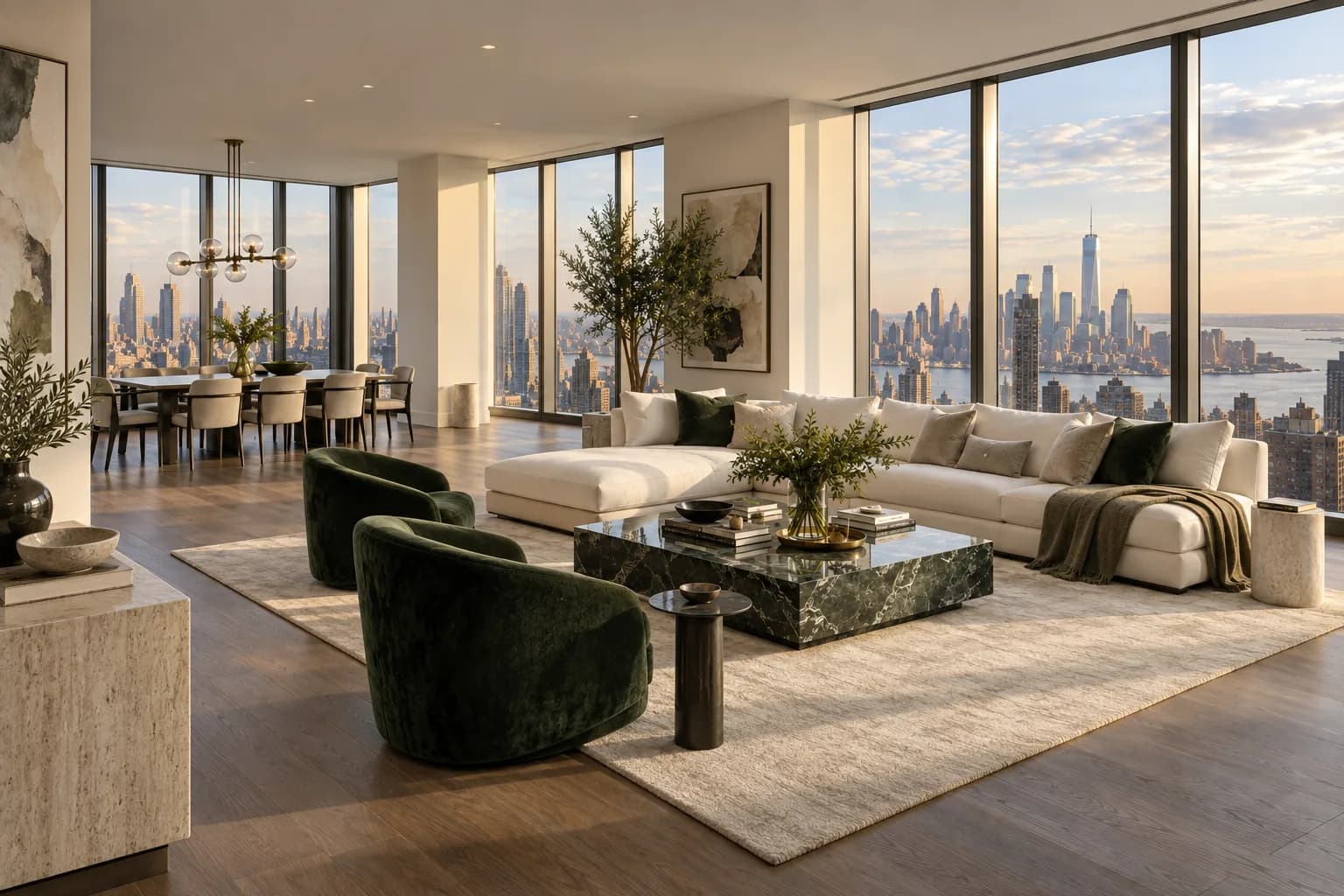 spacious penthouse living room, panoramic skyline windows, ivory sofa and dark green armchairs; alternate architectural perspective
