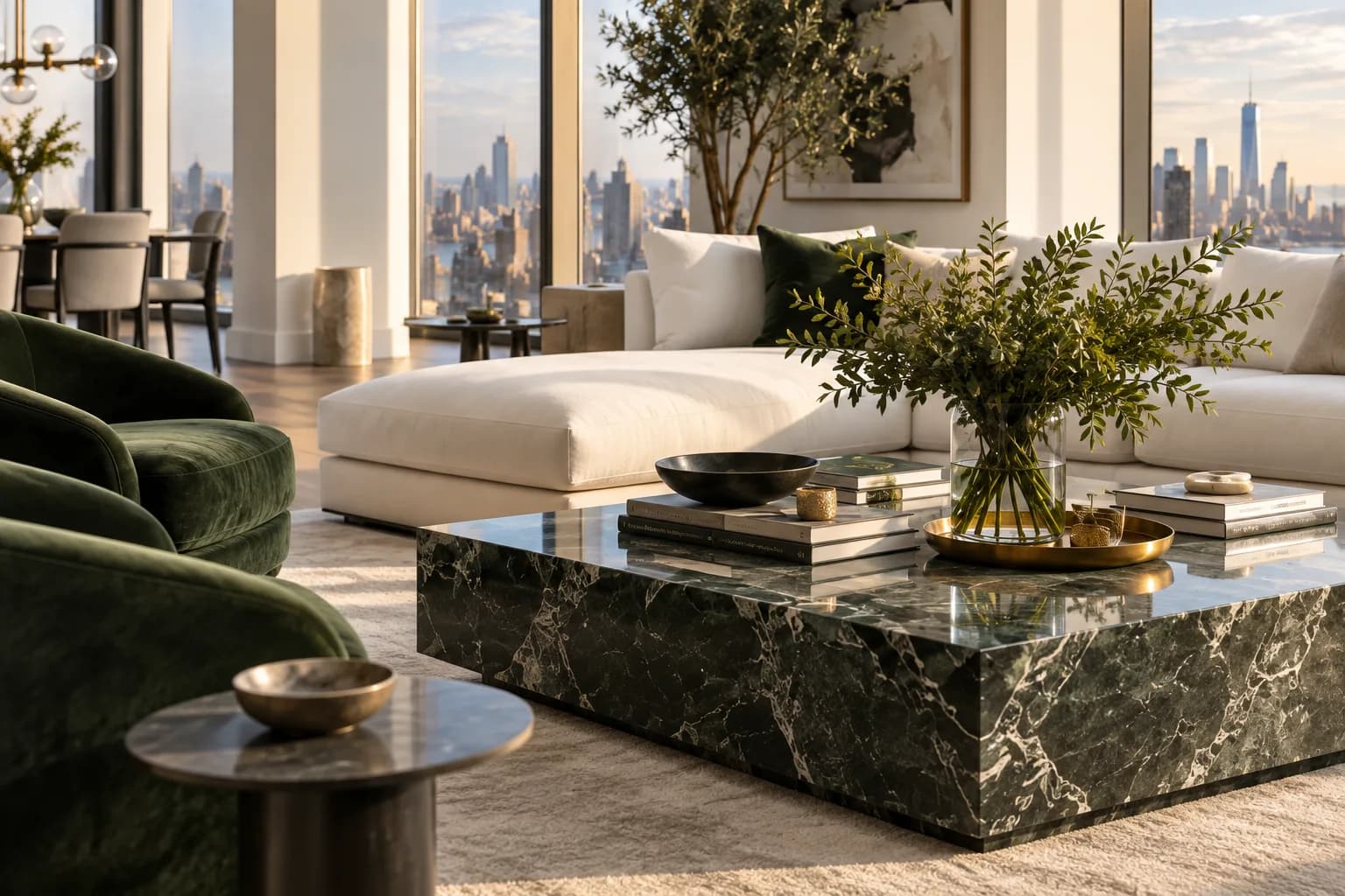 spacious penthouse living room, panoramic skyline windows, ivory sofa and dark green armchairs; close detail of materials and finishes