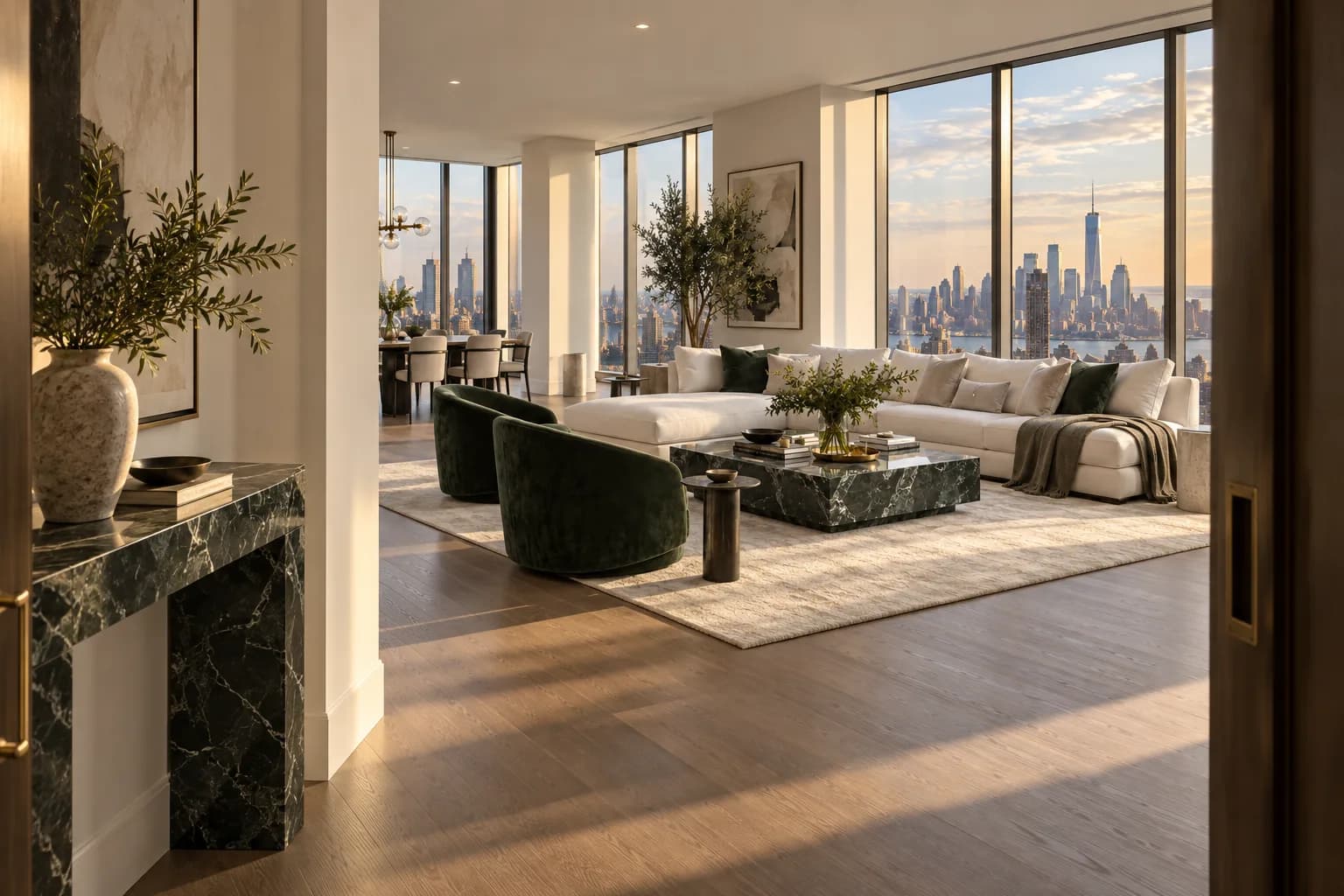 spacious penthouse living room, panoramic skyline windows, ivory sofa and dark green armchairs; view through the doorway or threshold