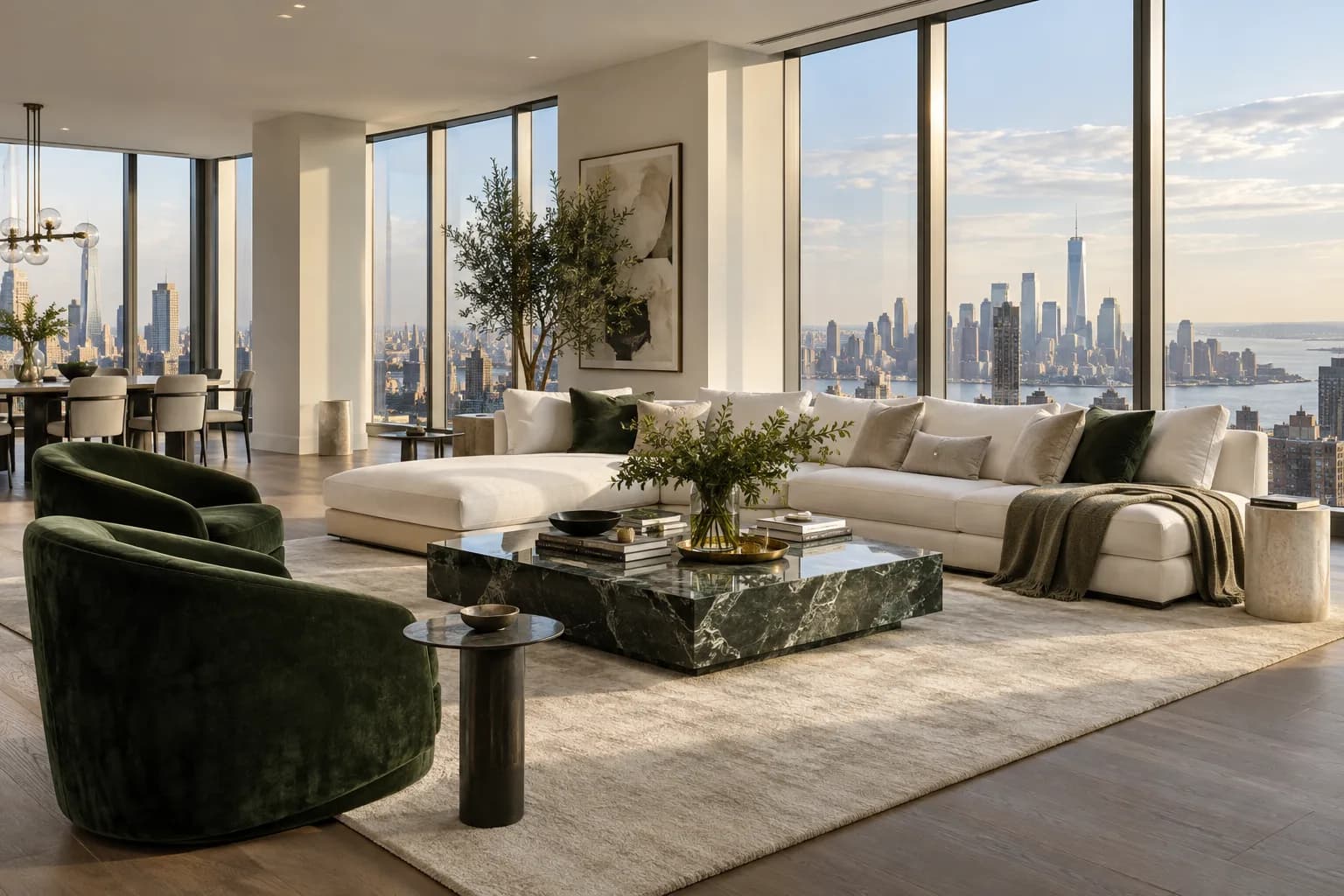 spacious penthouse living room, panoramic skyline windows, ivory sofa and dark green armchairs