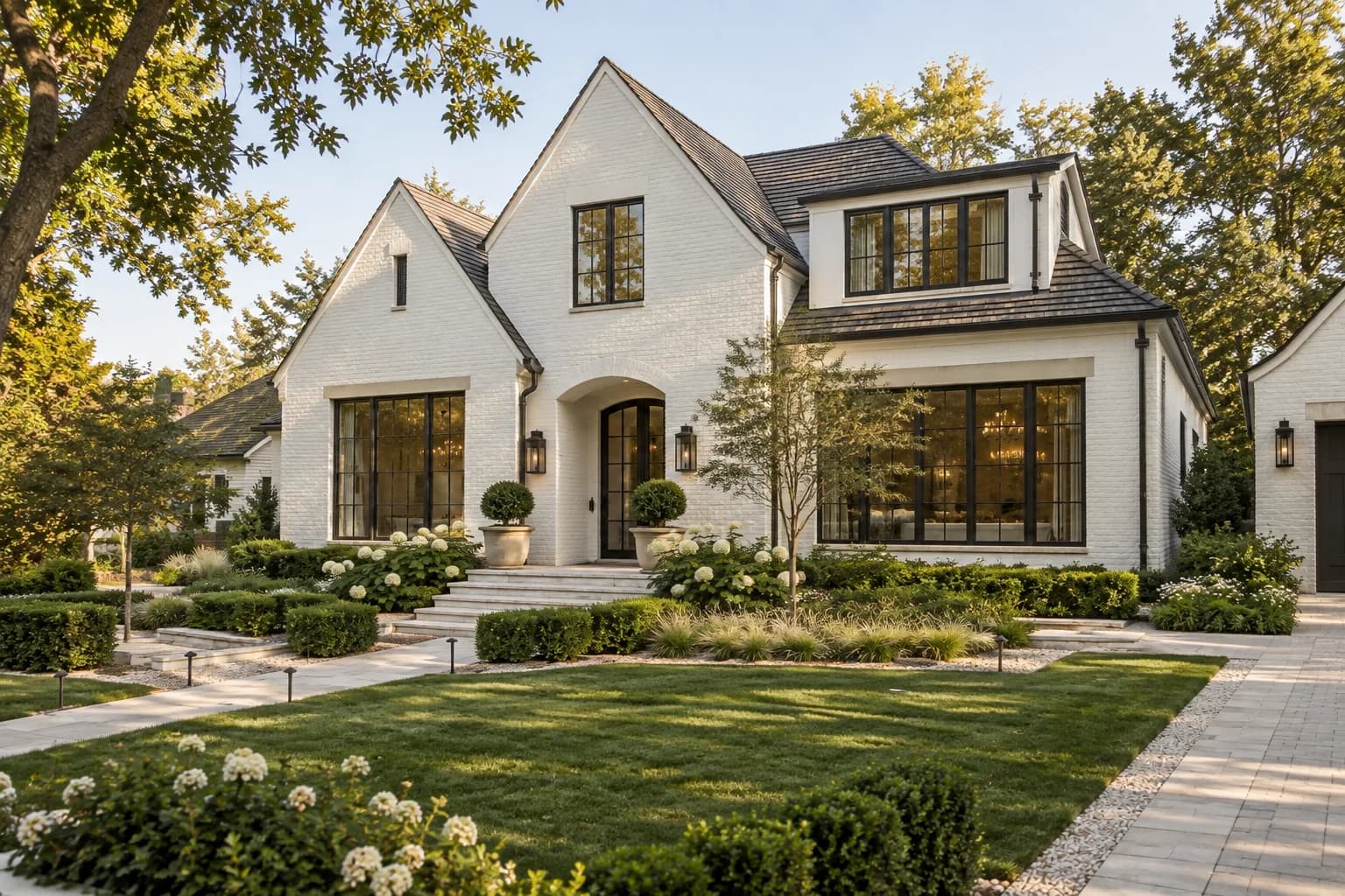 contemporary detached family house exterior, white brick, broad gables and landscaped front path; alternate architectural perspective