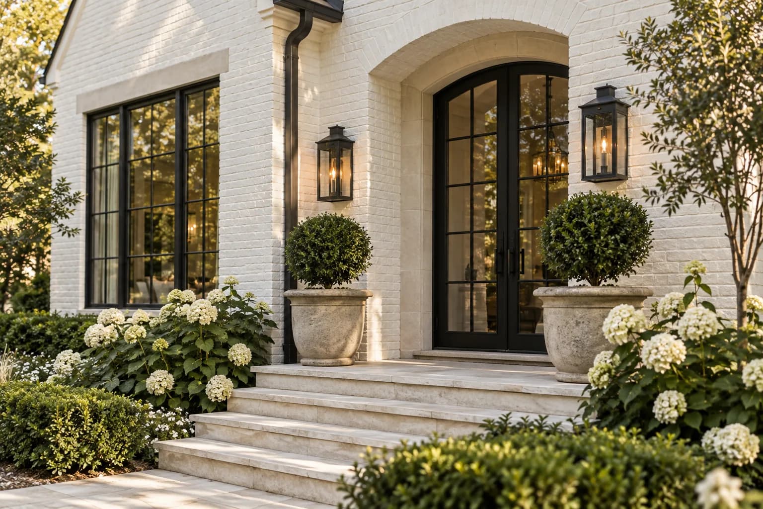 contemporary detached family house exterior, white brick, broad gables and landscaped front path; close detail of materials and finishes