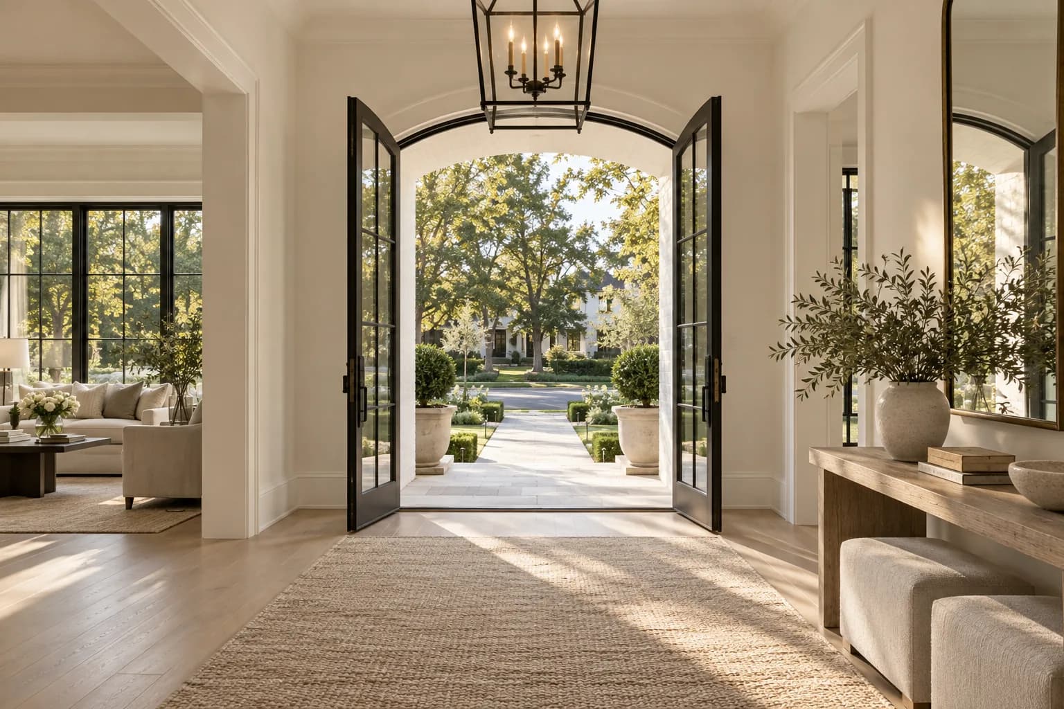 contemporary detached family house exterior, white brick, broad gables and landscaped front path; view through the doorway or threshold