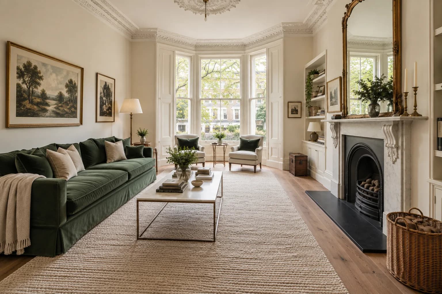 elegant Victorian townhouse living room, bay window, ivory walls, green velvet sofa; alternate architectural perspective