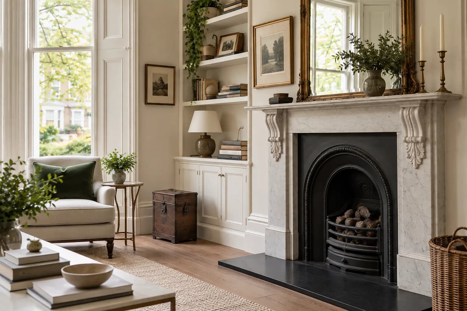 elegant Victorian townhouse living room, bay window, ivory walls, green velvet sofa; close detail of materials and finishes