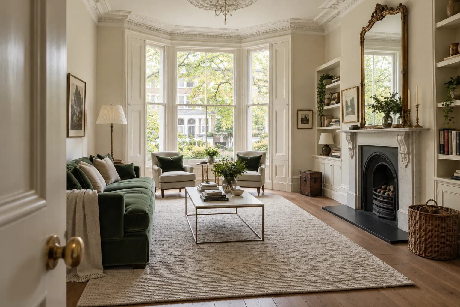 elegant Victorian townhouse living room, bay window, ivory walls, green velvet sofa; view through the doorway or threshold