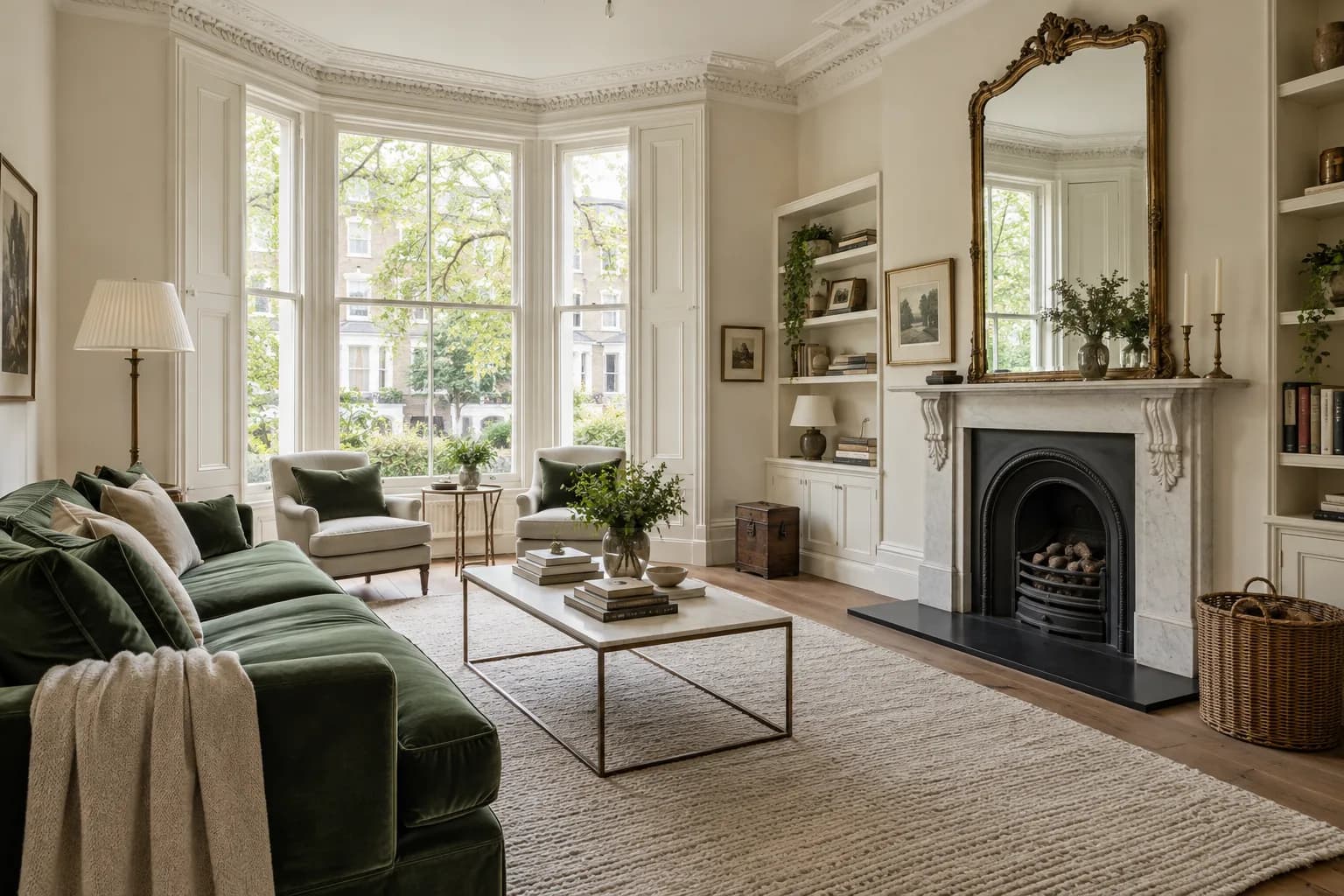 elegant Victorian townhouse living room, bay window, ivory walls, green velvet sofa