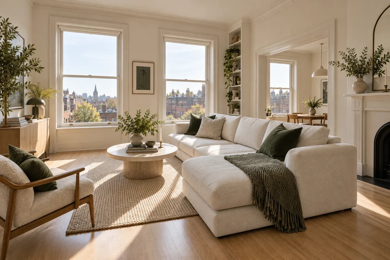 light-filled compact city apartment living room, pale oak, cream sofa, view toward brick rooftops; alternate architectural perspective