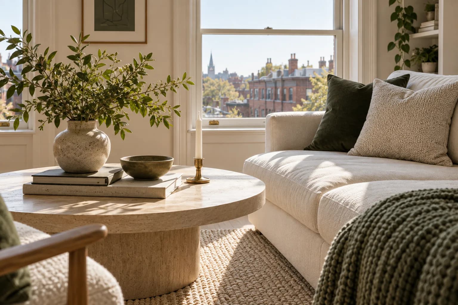 light-filled compact city apartment living room, pale oak, cream sofa, view toward brick rooftops; close detail of materials and finishes