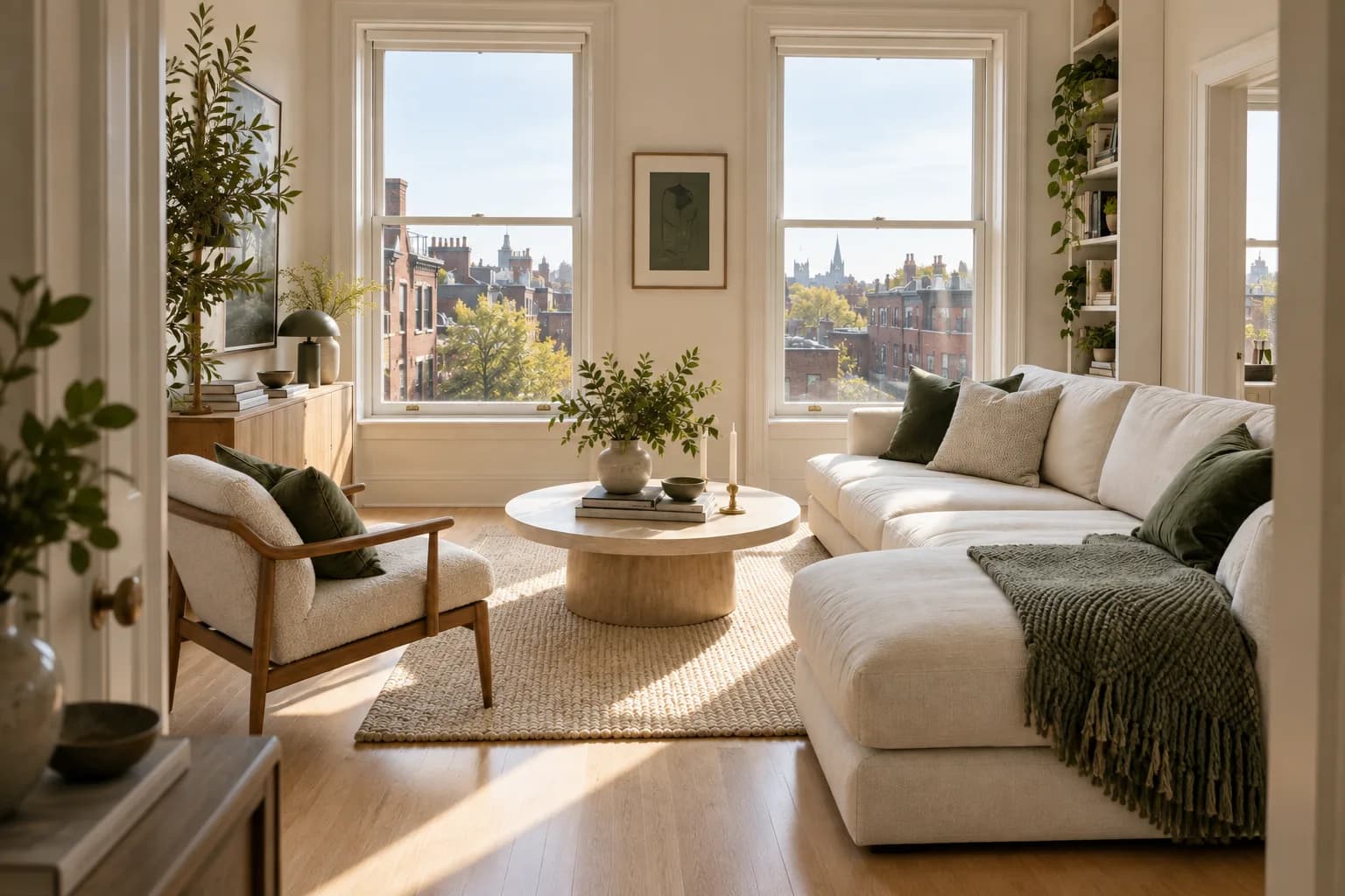 light-filled compact city apartment living room, pale oak, cream sofa, view toward brick rooftops; view through the doorway or threshold