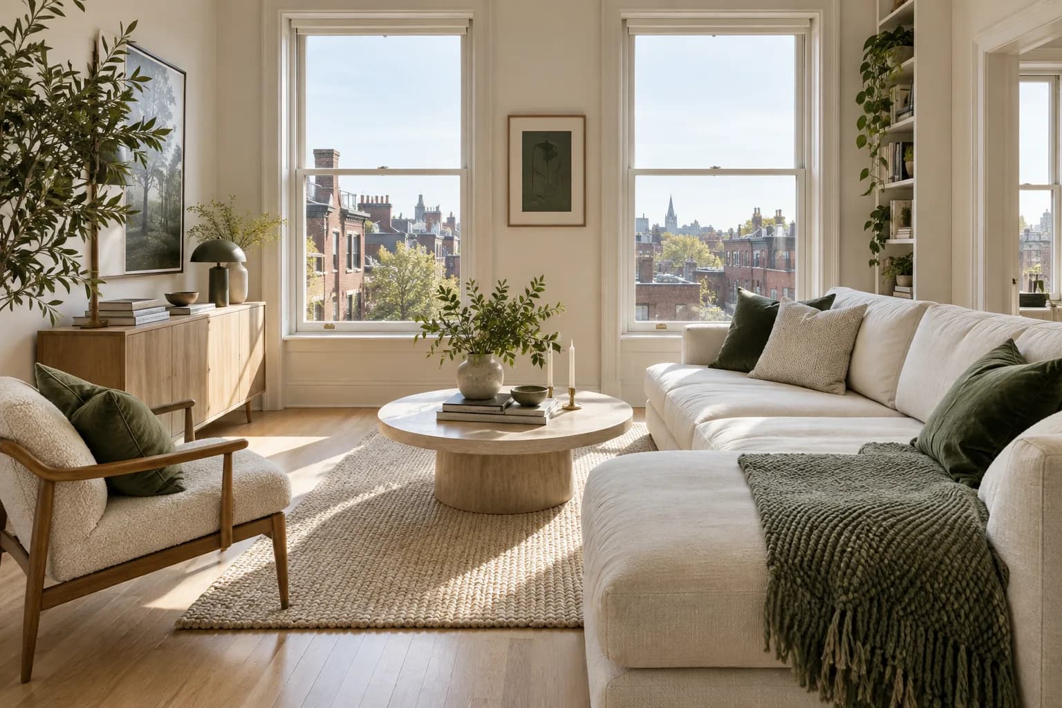 light-filled compact city apartment living room, pale oak, cream sofa, view toward brick rooftops