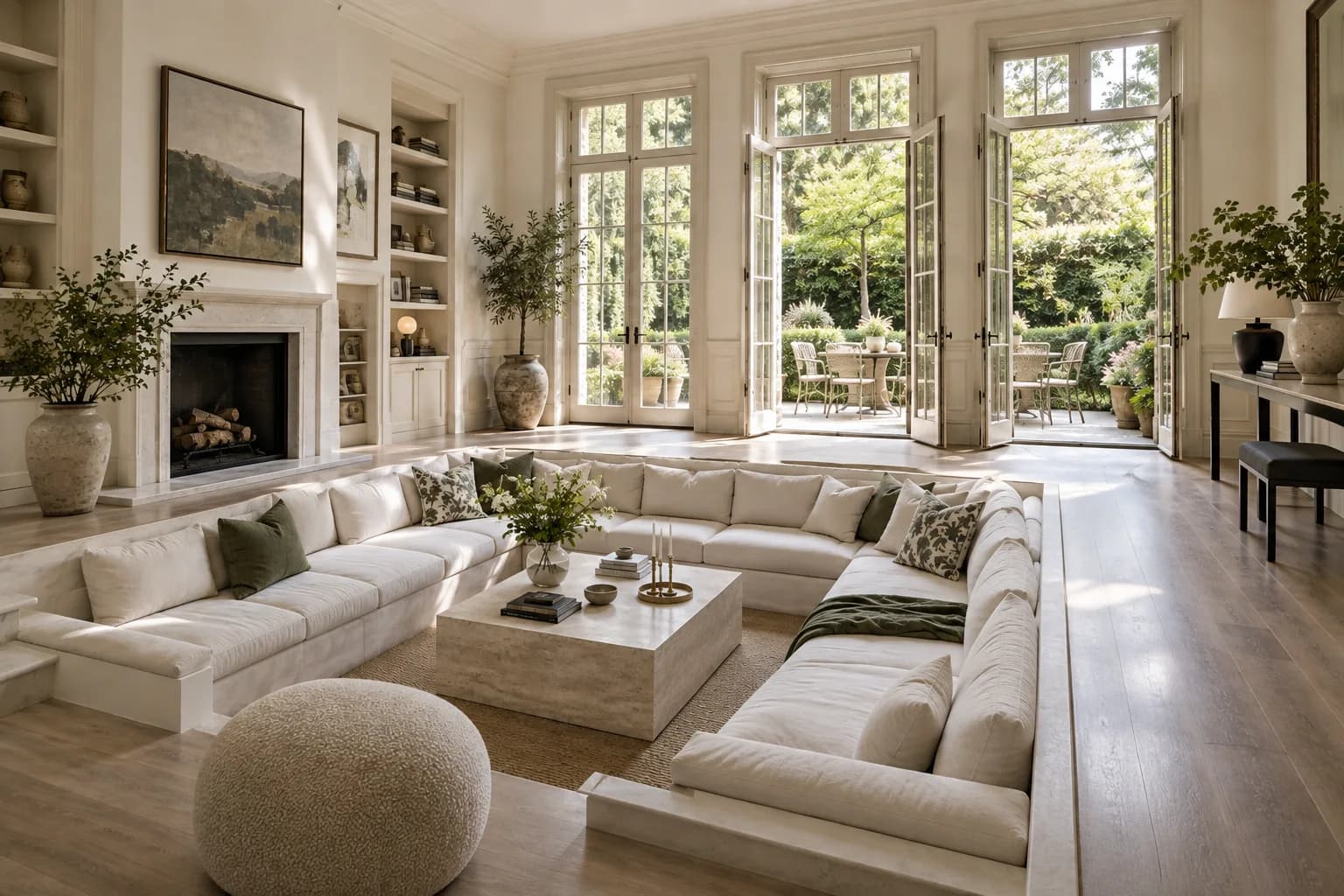 modern garden maisonette living room with sunken seating and tall French garden doors; alternate architectural perspective