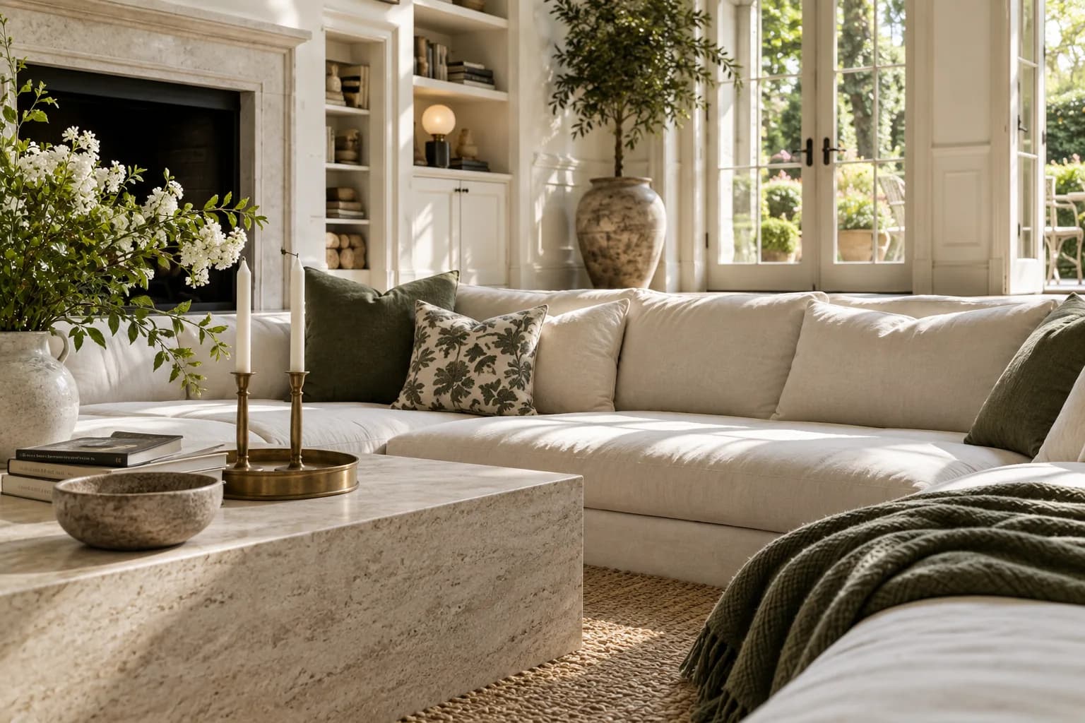 modern garden maisonette living room with sunken seating and tall French garden doors; close detail of materials and finishes