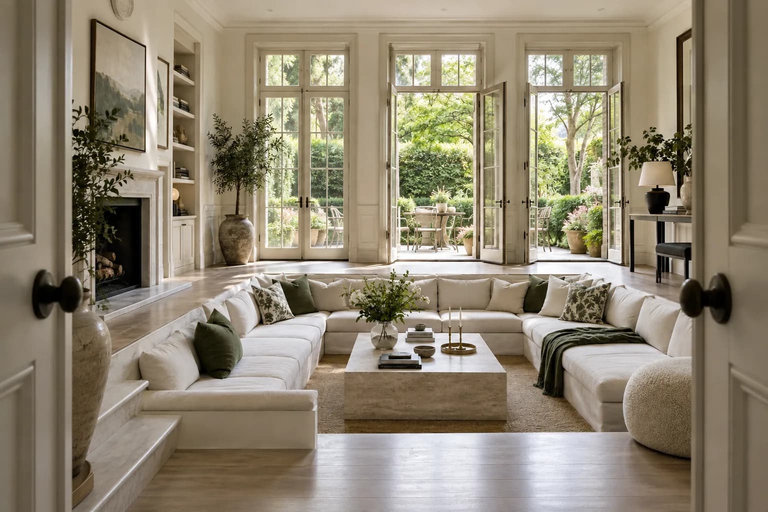 modern garden maisonette living room with sunken seating and tall French garden doors; view through the doorway or threshold