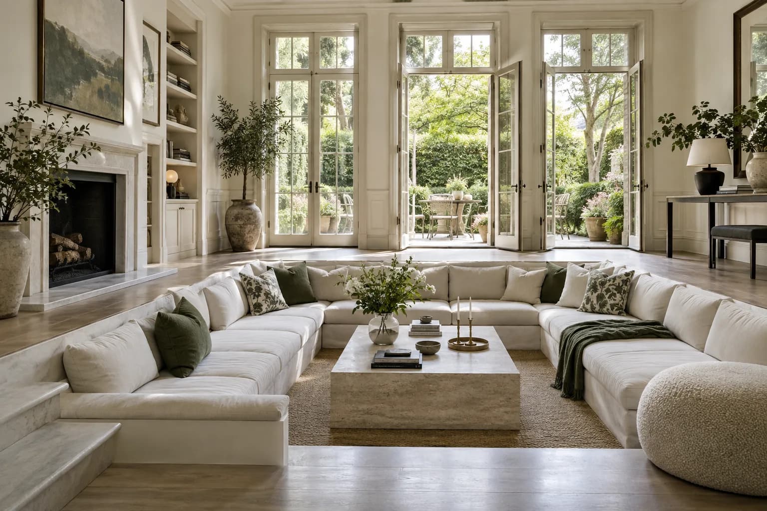 modern garden maisonette living room with sunken seating and tall French garden doors