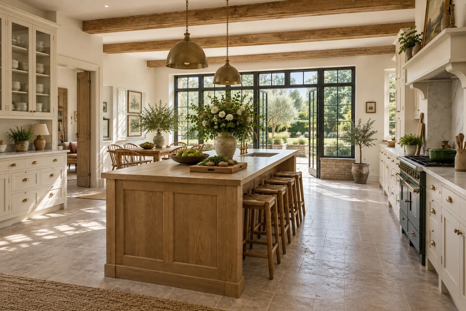 generous countryside farmhouse kitchen with oak island, cream cabinets and green garden beyond; alternate architectural perspective