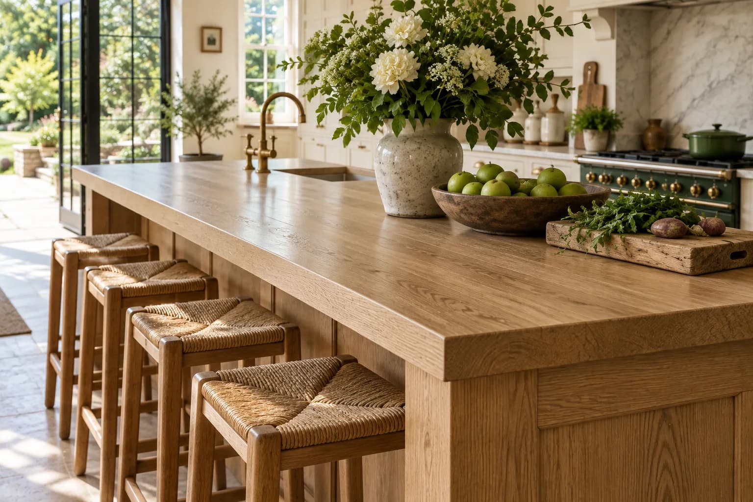 generous countryside farmhouse kitchen with oak island, cream cabinets and green garden beyond; close detail of materials and finishes