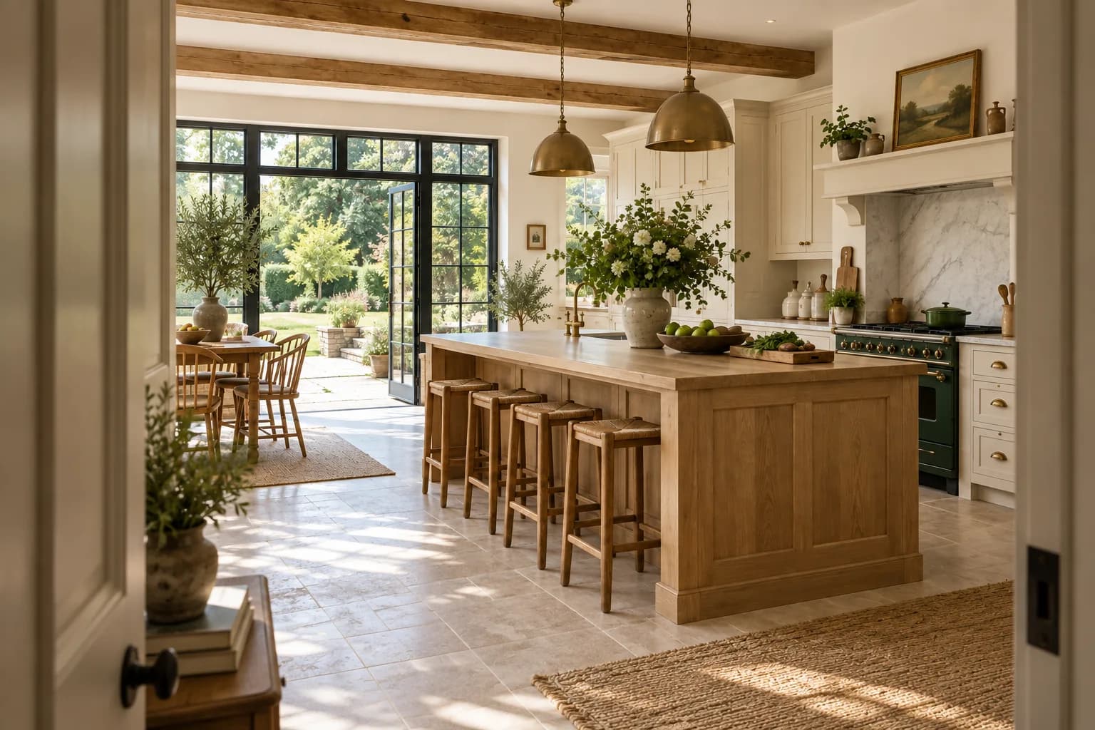 generous countryside farmhouse kitchen with oak island, cream cabinets and green garden beyond; view through the doorway or threshold