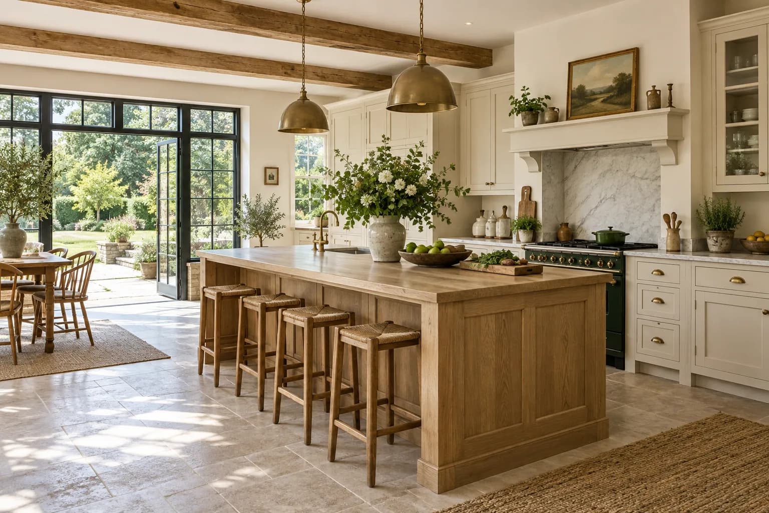 generous countryside farmhouse kitchen with oak island, cream cabinets and green garden beyond