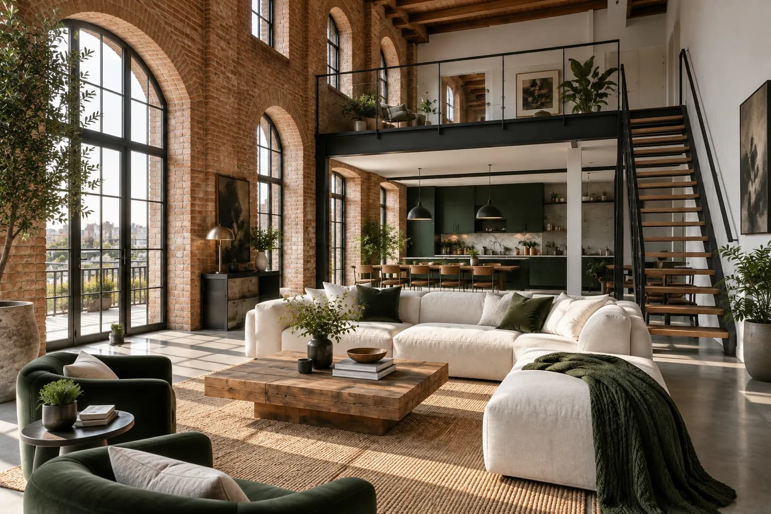 renovated loft living room with brick arches, double-height ceiling and dark steel windows; alternate architectural perspective