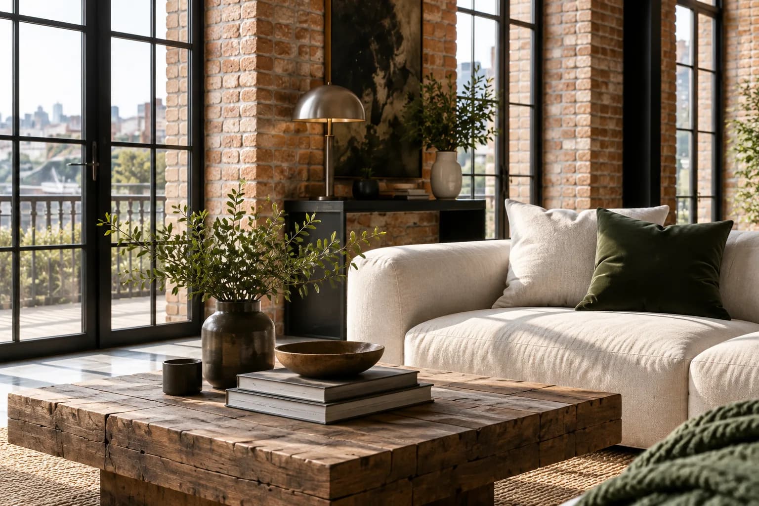 renovated loft living room with brick arches, double-height ceiling and dark steel windows; close detail of materials and finishes
