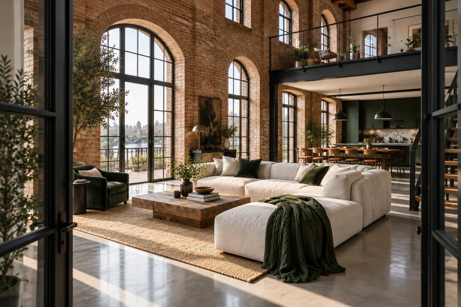 renovated loft living room with brick arches, double-height ceiling and dark steel windows; view through the doorway or threshold