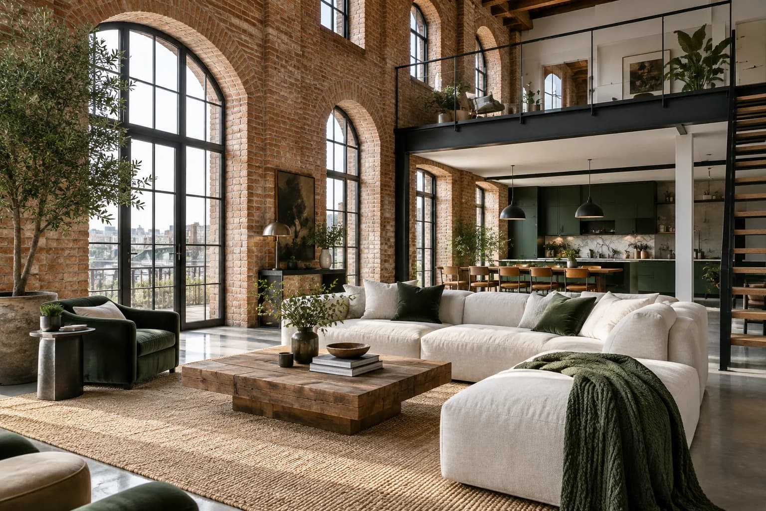 renovated loft living room with brick arches, double-height ceiling and dark steel windows