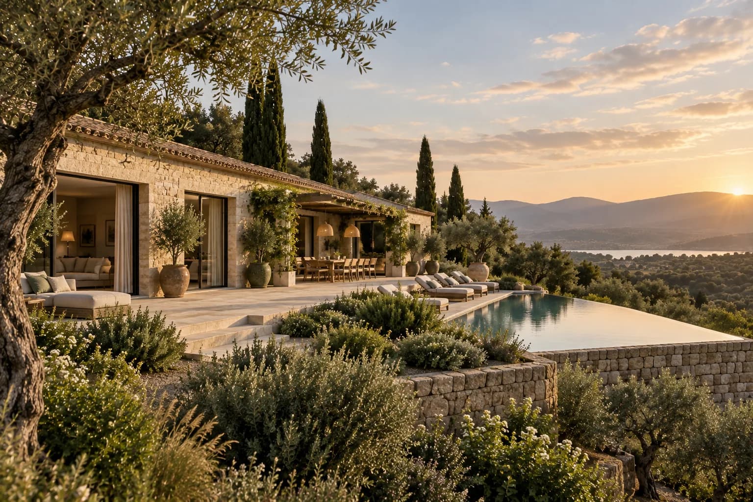 peaceful hillside villa exterior, travertine facade, long low roof and olive planting; alternate architectural perspective
