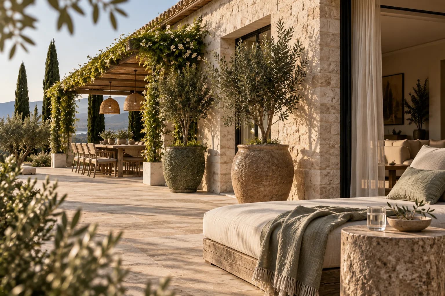 peaceful hillside villa exterior, travertine facade, long low roof and olive planting; close detail of materials and finishes