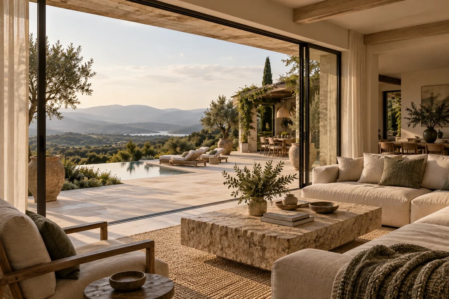 peaceful hillside villa exterior, travertine facade, long low roof and olive planting; view through the doorway or threshold