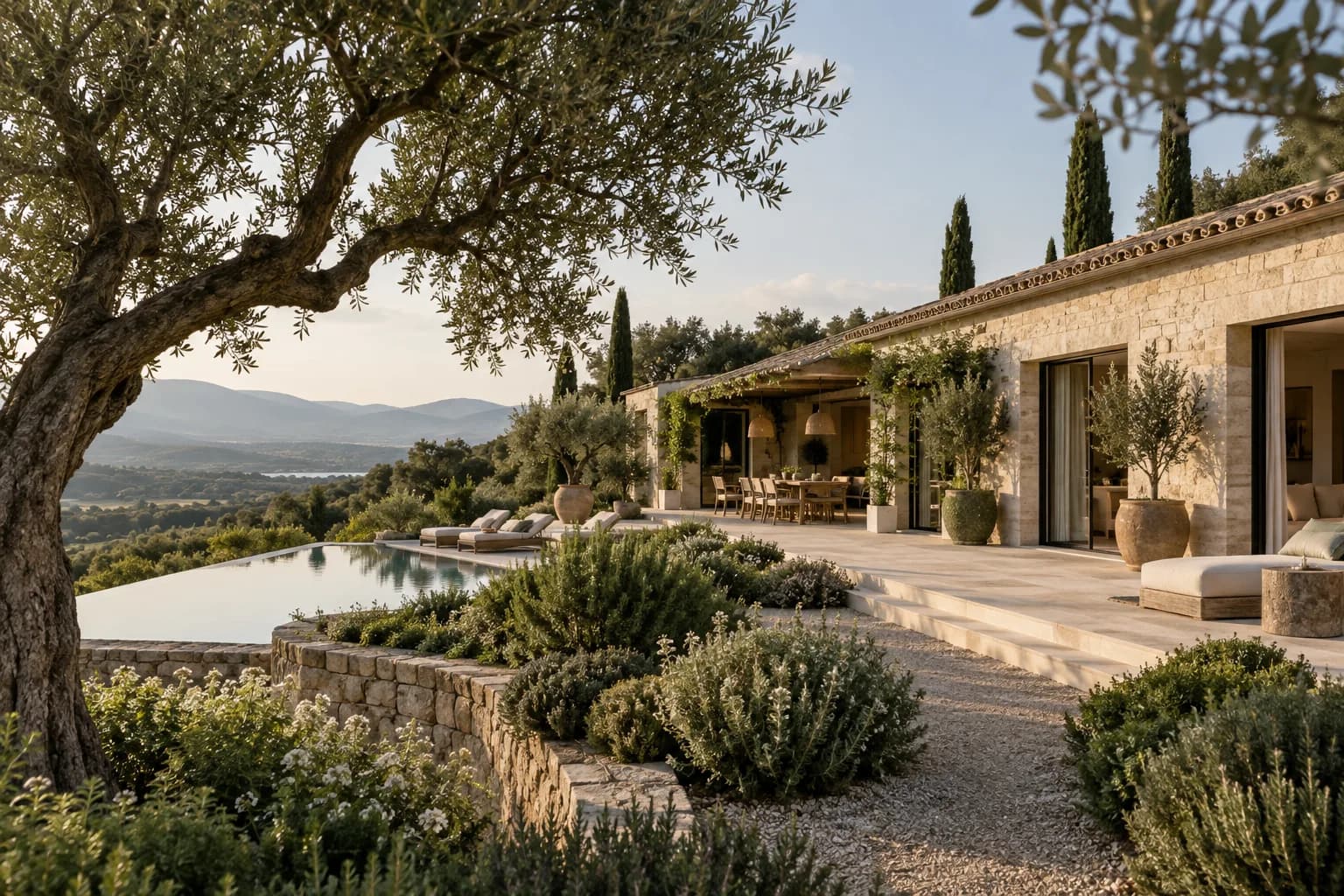 peaceful hillside villa exterior, travertine facade, long low roof and olive planting
