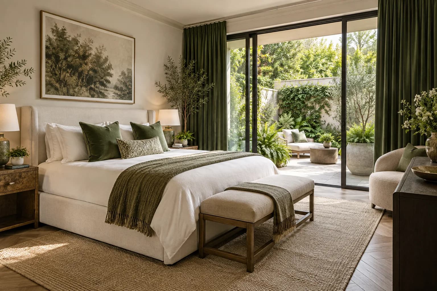 sophisticated garden apartment bedroom, upholstered ivory bed, green curtains and private planted patio
